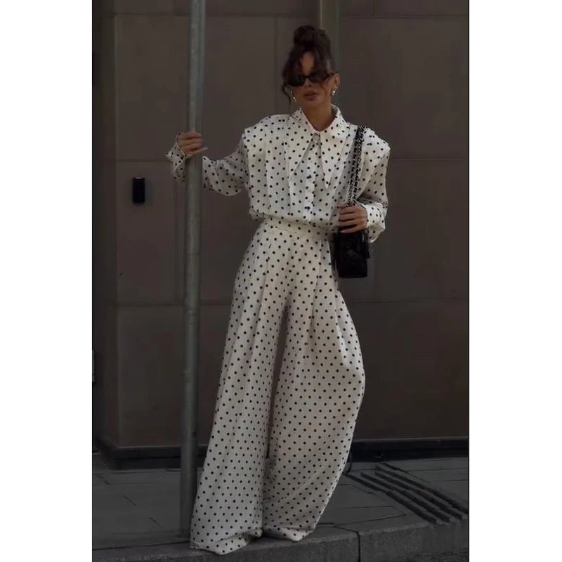 Polka Dot Skirt 2 Piece Set Women Casual High Collar Tie Full Sleeves Elastic High Waist Long Skirt Suit Lady Daily Outfit New