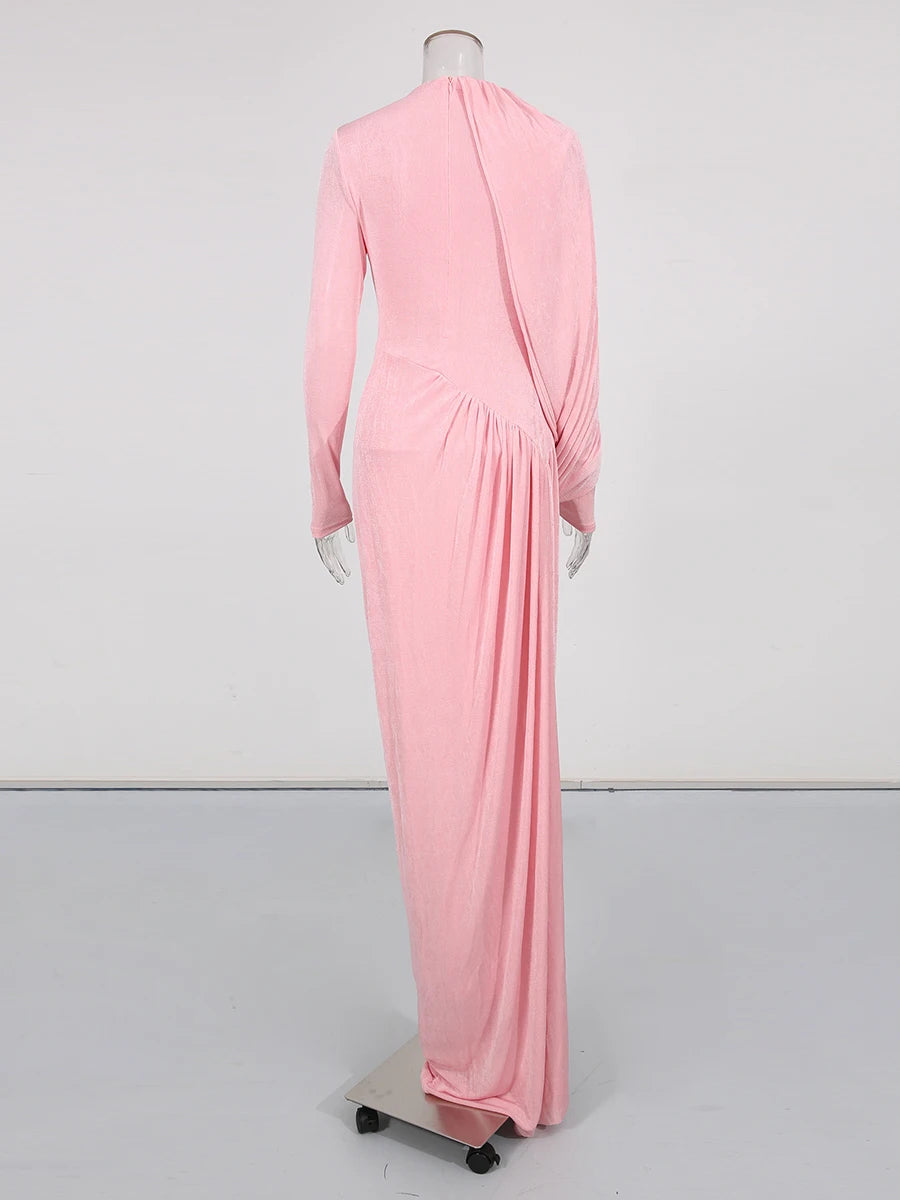 Spliced Folds Irregular Women Round Neck Long Sleeves Tunic Design Sense Long Dress