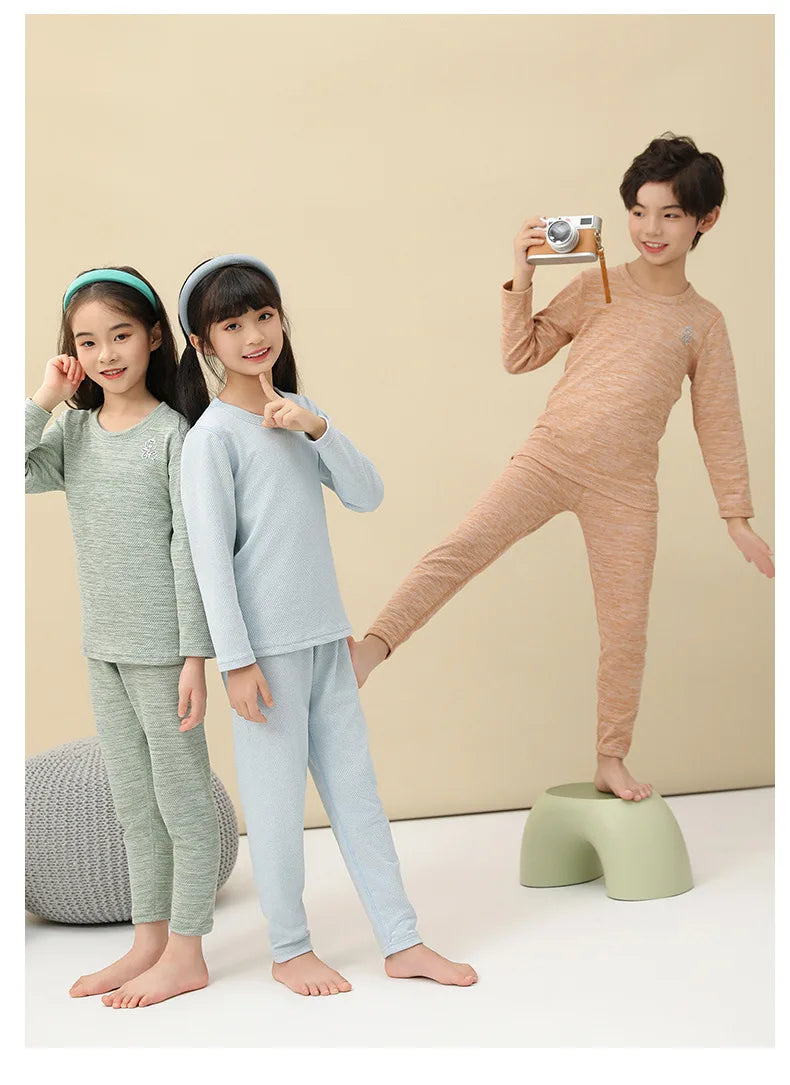Boys Thermal Fleece Thermal Underwear 37°C Constant Temperature Warm Two-Piece Winter Pajamas Set Unisex Kids Long Johns for Ages 7-13