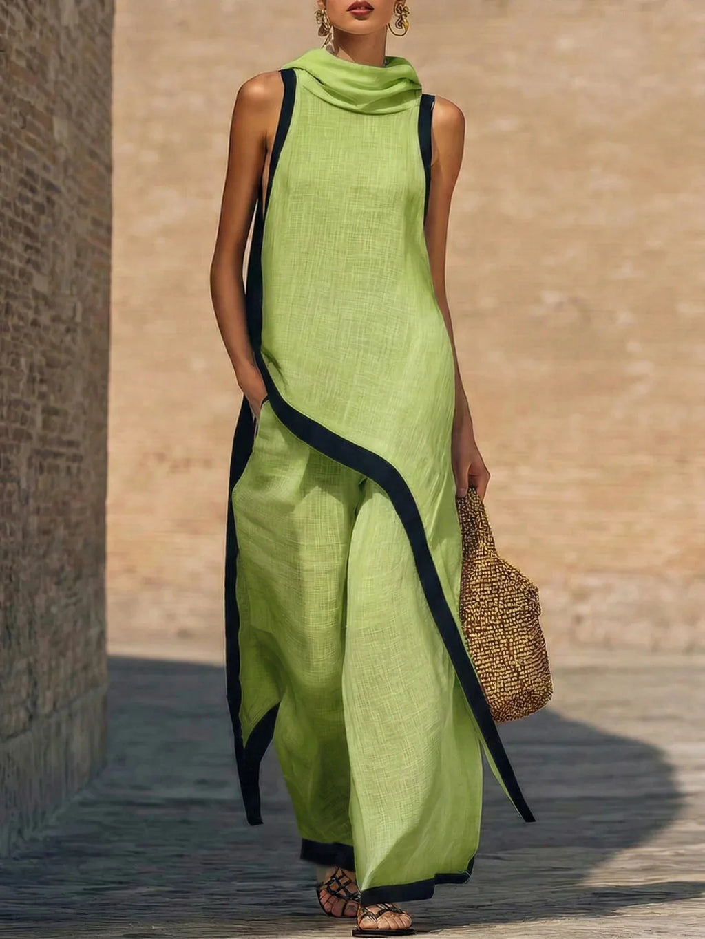 Women's Two-piece Sleeveless Contrasting Color Wide-leg Trousers Summer Casual Fashion Solid Color Irregular Suit For Women