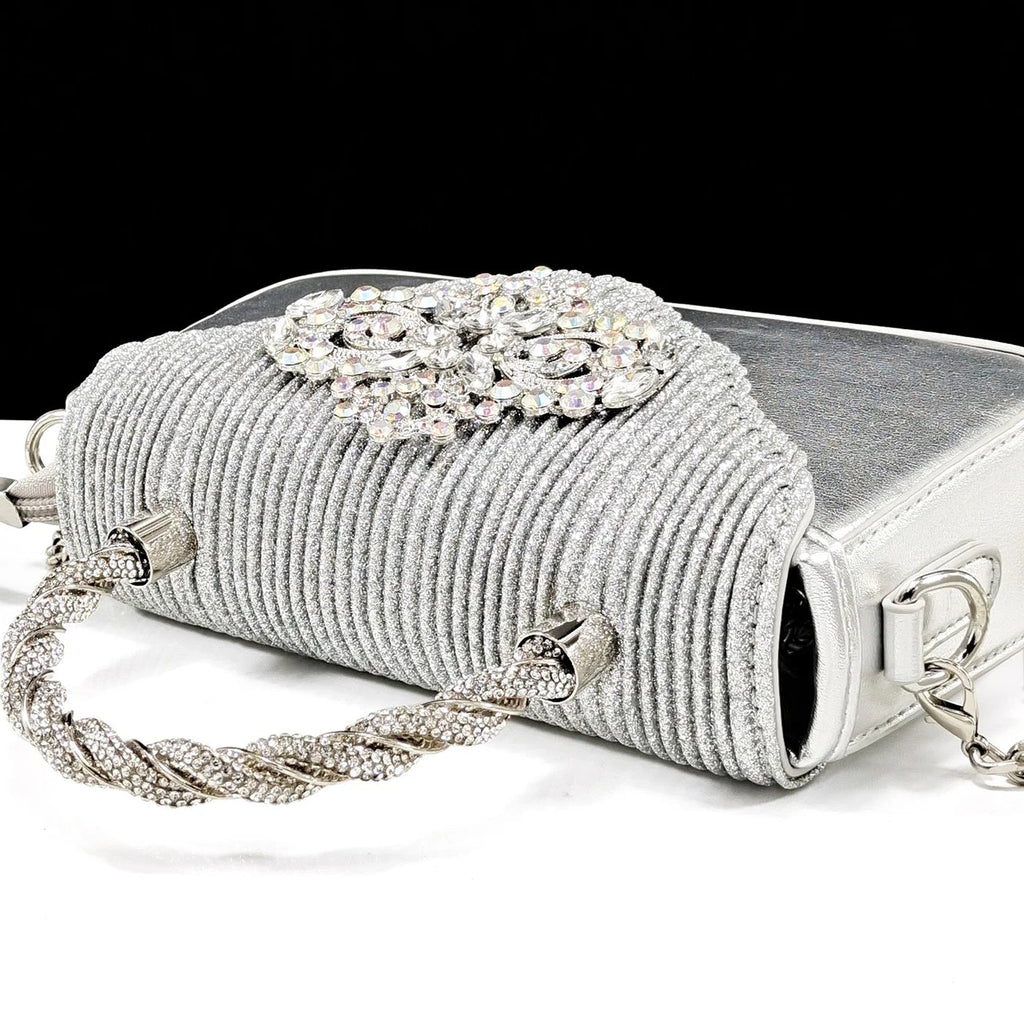 Italian Design Girly Style Silver Color Pointed Toe Wedding Shoes And Bag Full Diamond Decoration Handle Bag