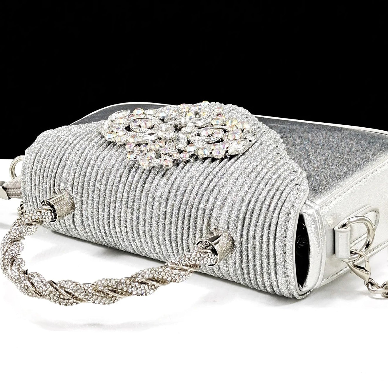 Italian Design Girly Style Silver Color Pointed Toe Wedding Shoes And Bag Full Diamond Decoration Handle Bag