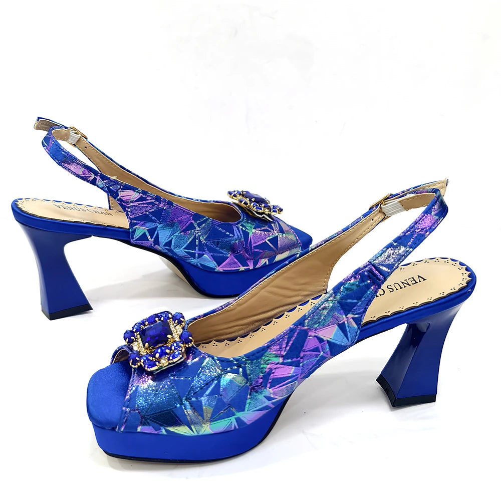 Elegant Women Heels for Peep Toe Good Material Design Rhinestone Fuchsia Sandals Italian Shoes and Bags
