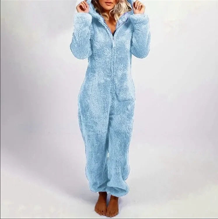Autumn Winter Thick Fleece Women's Onesie Pajamas with Hat Casual Style Comfortable Soft Fabric