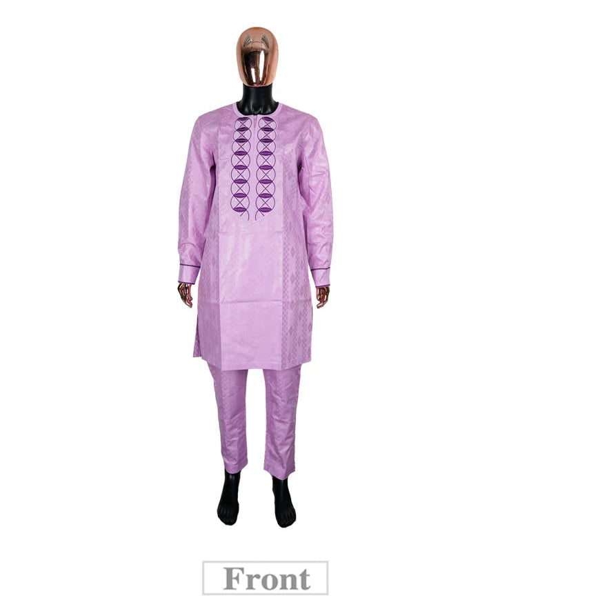 Men's African Agbada 2-Piece Set | Purple Bazin Riche Embroidery Suit | Wedding & Party