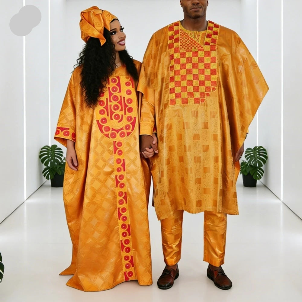African Men's Traditional Agbada Sets 3PCS Yellow Bazin Riche Embroidery Wedding Party Couple Suits boubou
