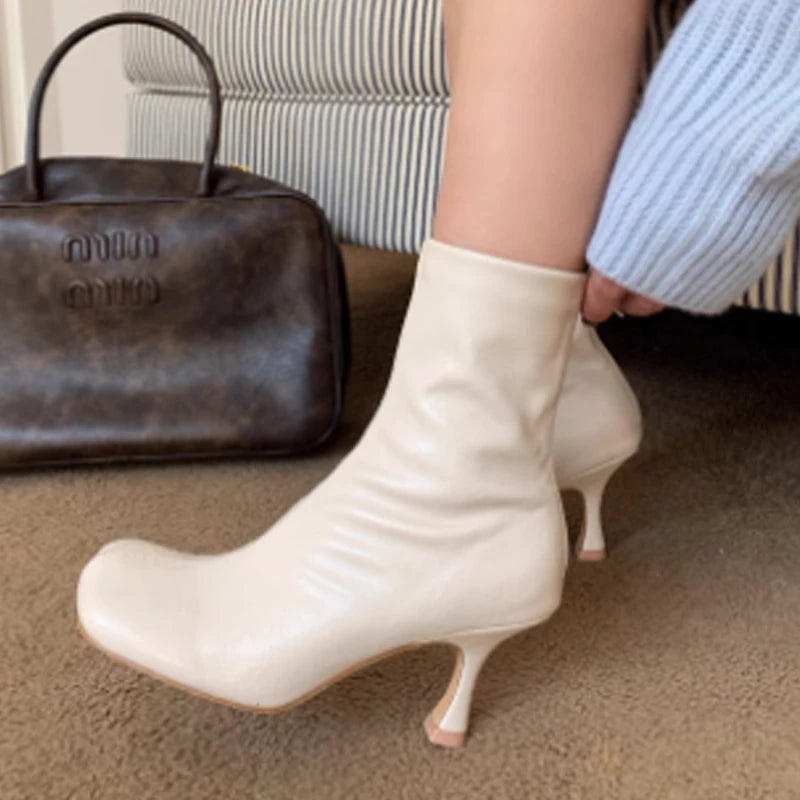 JOZHAMTA Size 34-43 Women Real Leather Thin Heels Ankle Boots Slip On Warm Autumn Winter Sexy Round Toe Elegant Short Boots