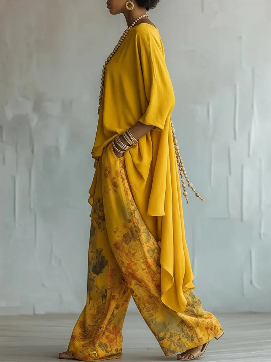 Casual Two Piece Set Loose O-neck 3/4 Sleeve Irregular Solid Color Extended Top Printed Wide Leg Pants Suit Fashion Commuting