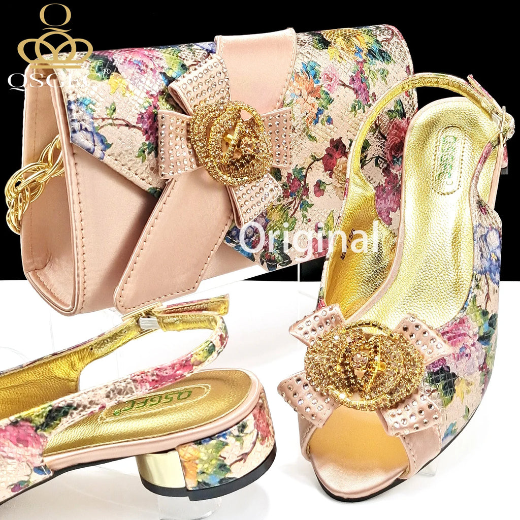 QSGFC Italian Design Shoes and Bag Matching Set Women Low Heel  Nigeria Party Wedding bigger size shoes