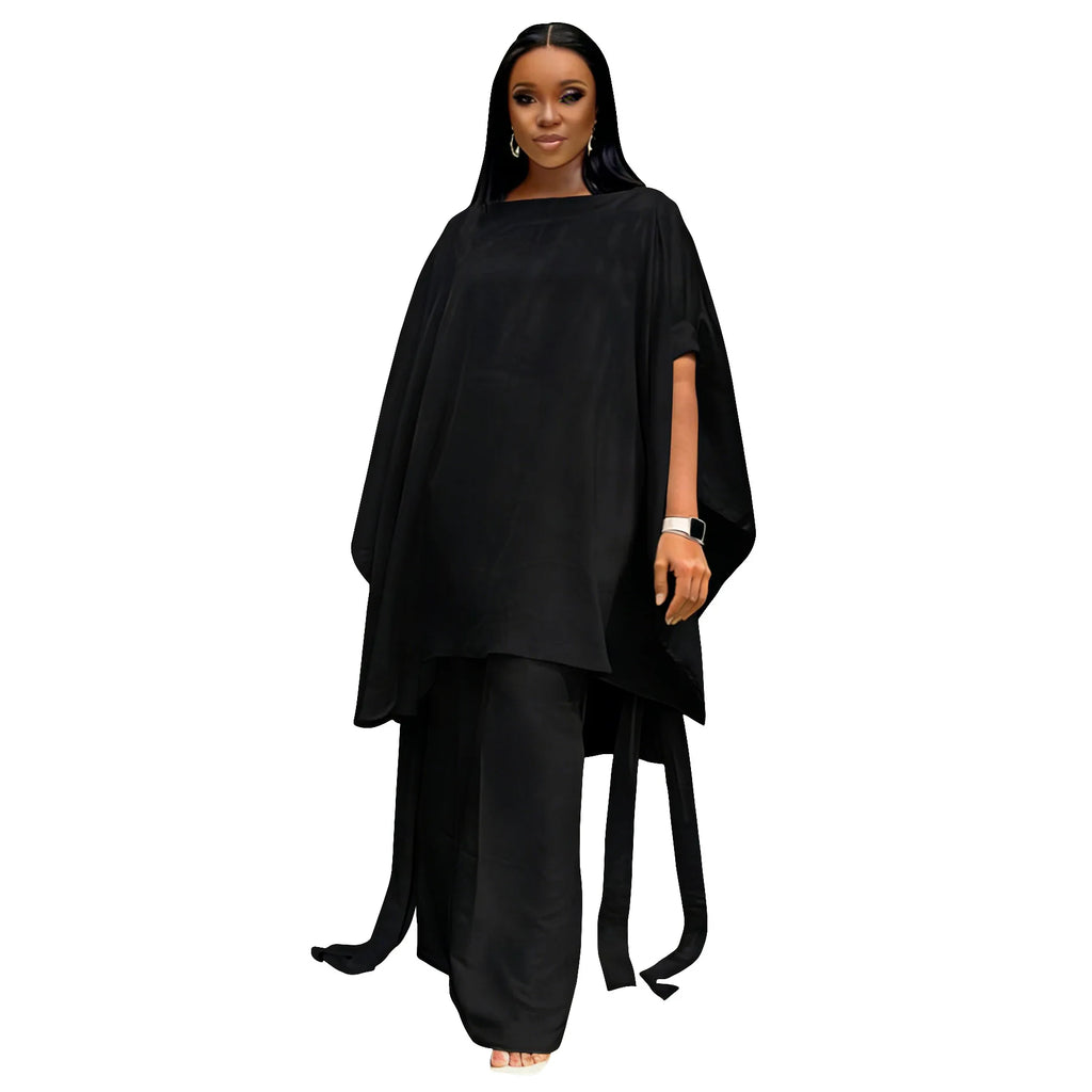 Plus Size Summer N8172 Silk Satin Set Design Shoulder Shawl Top Wide Leg Pants Outfit Elegant Street Style for Women Universa...