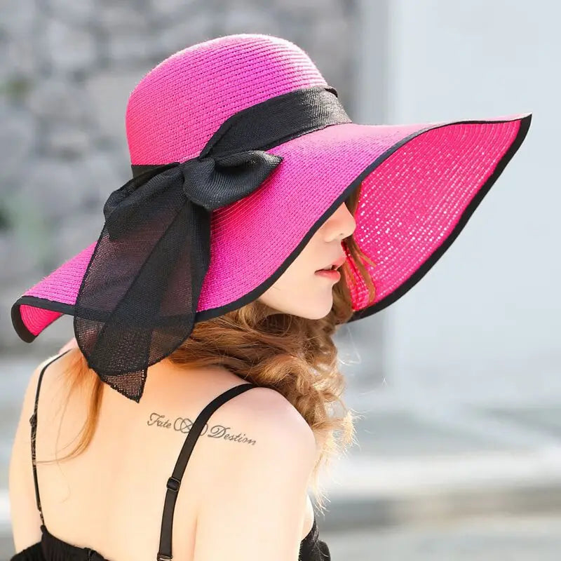 Women Summer Beach Travel Straw Hat Korean Seaside Big Hat Brim Sunblock Sunshade Holiday Foldable Fashion Big Cool Hat