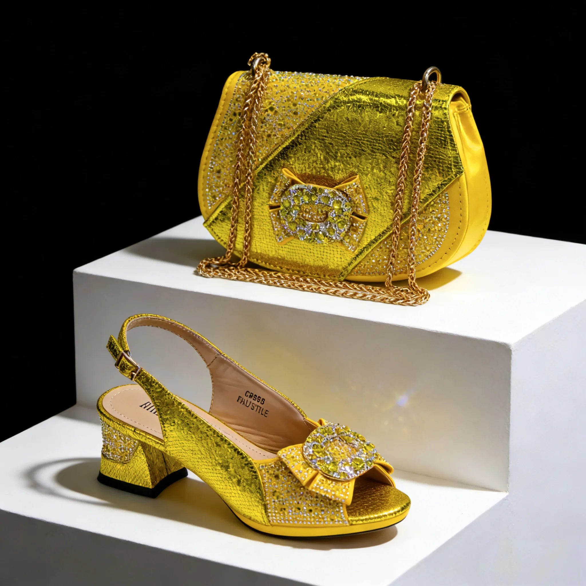 Women Elegant Orange High Heel Shoe and Matching Bag Set with Rhinestone Accents Stylish Peep Toe Design for Party