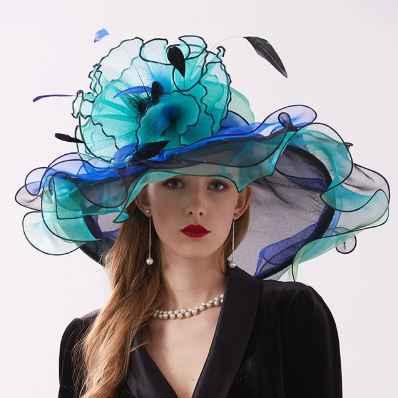 Women's Elegant Fascinators Large Wide Brim Church Hat With Big Flower