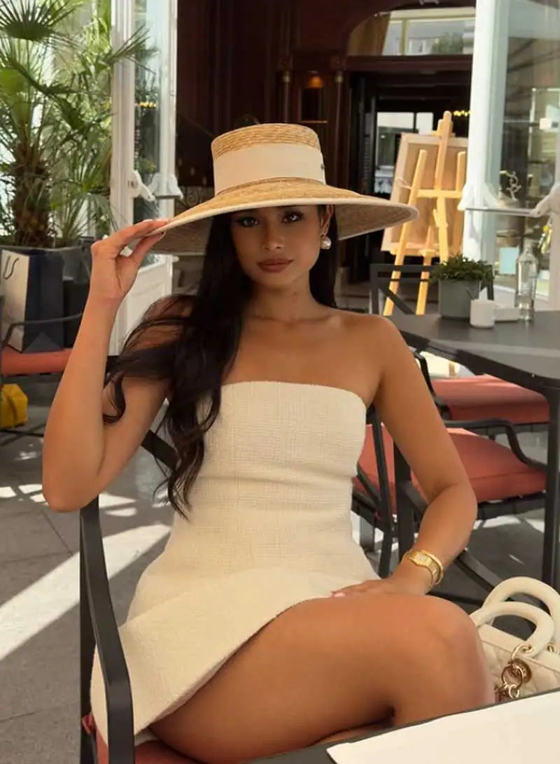 Red edging 2026 Sun Hats Hepburn hat Shiny Straw Hat European American  Braided Female Sunshade  chapeau femme