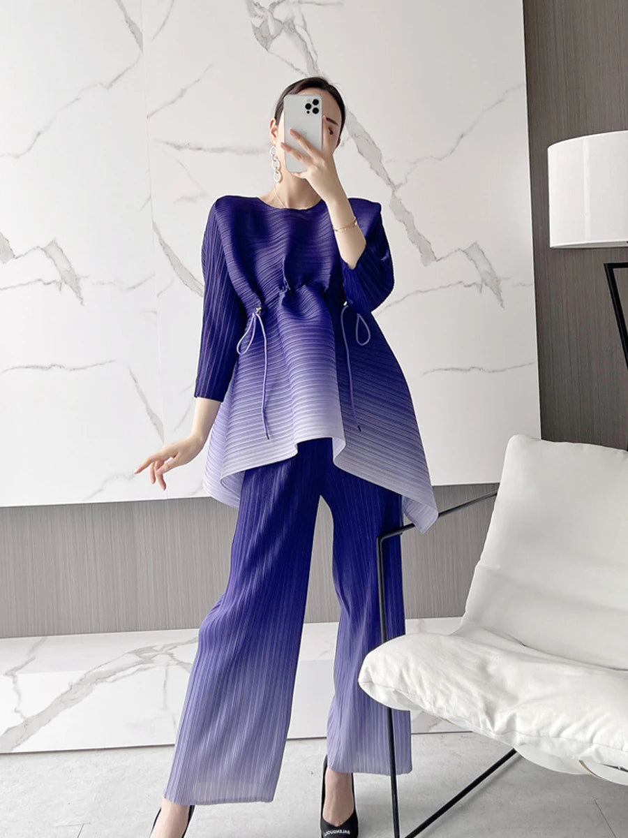 EGRM Gradient Pleated Set Drawstring Slim Full Sleeved Top and High Waisted Wide Leg Pants 2 Piece Sets for Women 2023 New 8RM91
