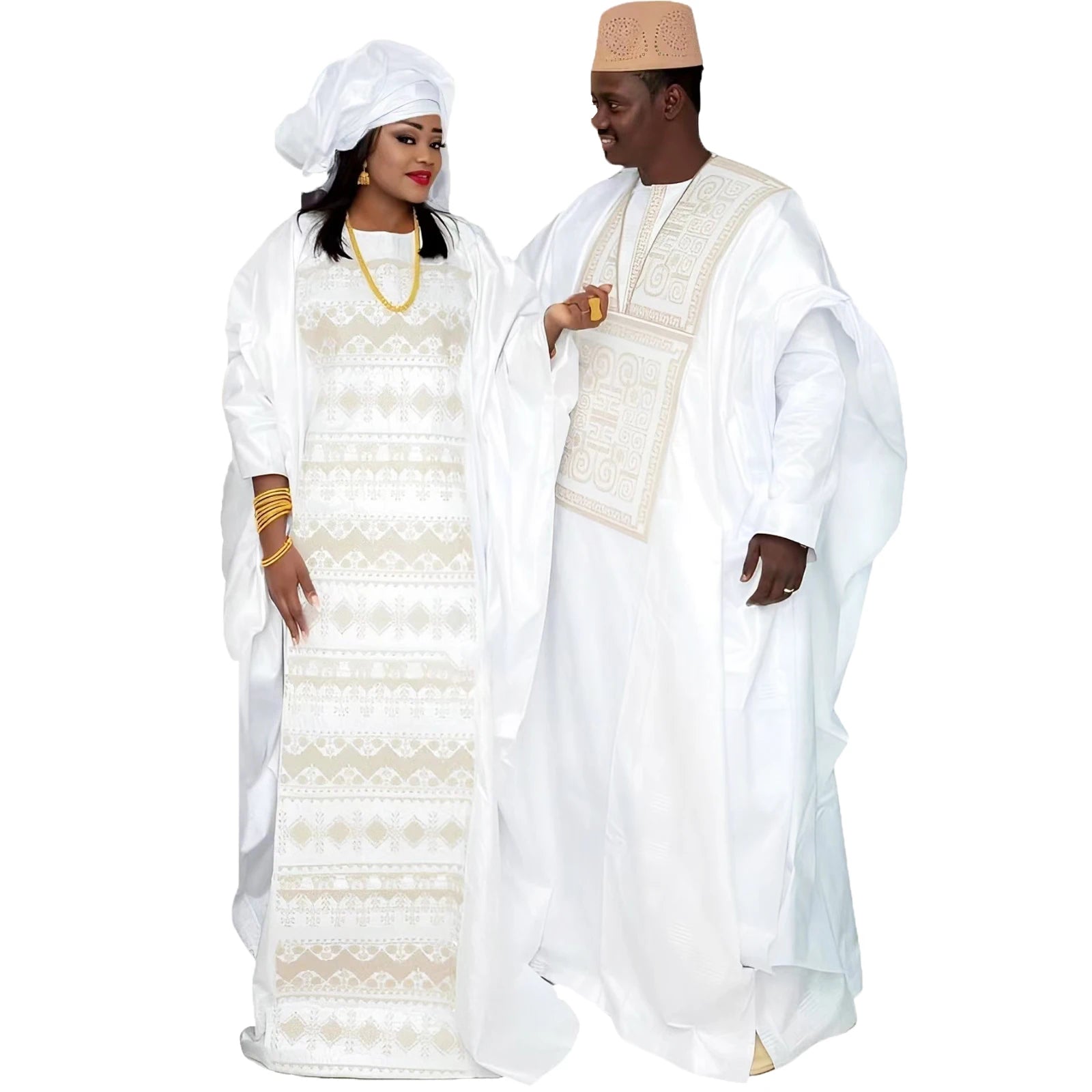 African Dresses For Couples Traditional  Bazin Embroidery Dresses Floor Length With Scarf