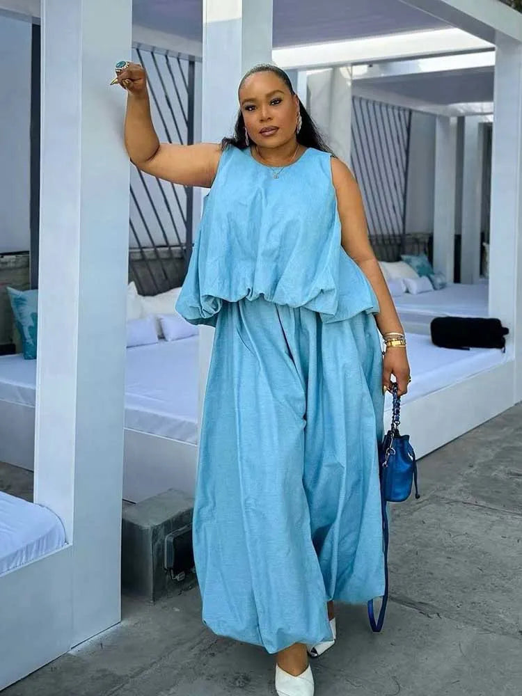 Women's Elegant Two Pieces Sky Blue Sleeveless Top and Wide Leg Pant Casual Loose Fit Summer Outfits Knit Pants Set
