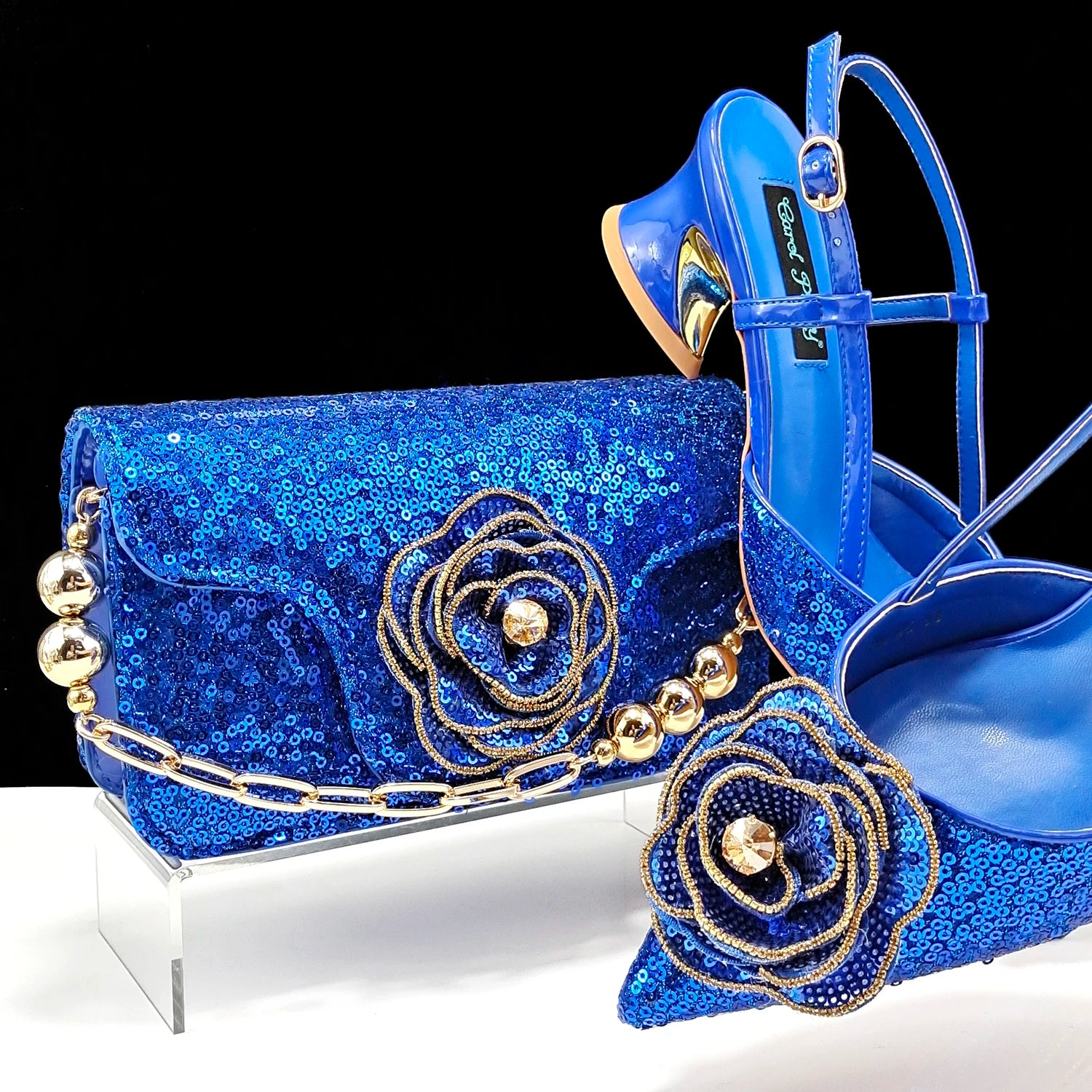 Elegant Rhinestone Flower Design Style White Color Party Wedding Pointed Toe Women Shoes and Bag Set