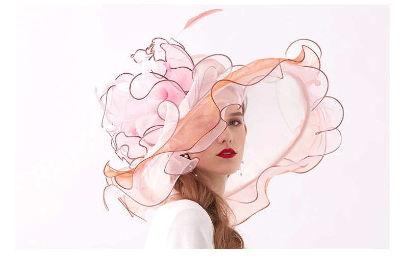Women's Elegant Fascinators Large Wide Brim Church Hat With Big Flower