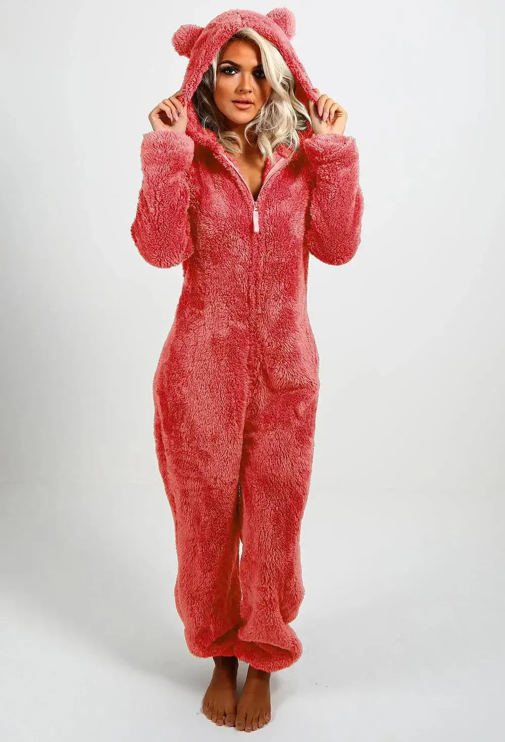 Autumn Winter Thick Fleece Women's Onesie Pajamas with Hat Casual Style Comfortable Soft Fabric