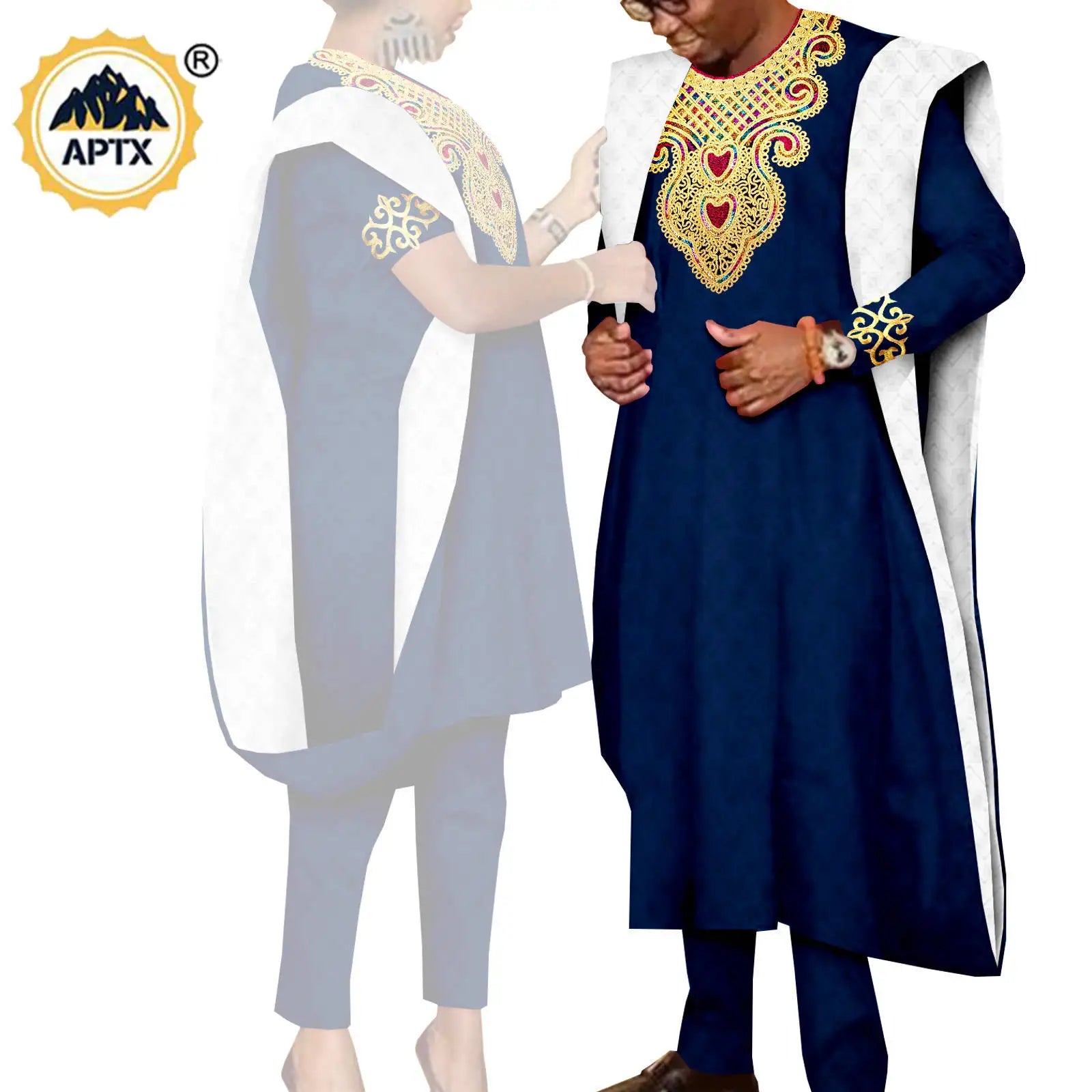 African 3 Pieces Suit for Men Matching Couple Outfits Agbada Dashiki Women Muslim Sets Bazin Riche Applique Robes Asoebi Y23C029