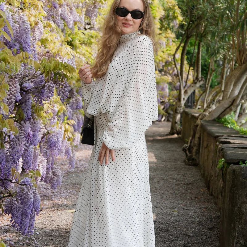 Polka Dot Skirt 2 Piece Set Women Casual High Collar Tie Full Sleeves Elastic High Waist Long Skirt Suit Lady Daily Outfit New