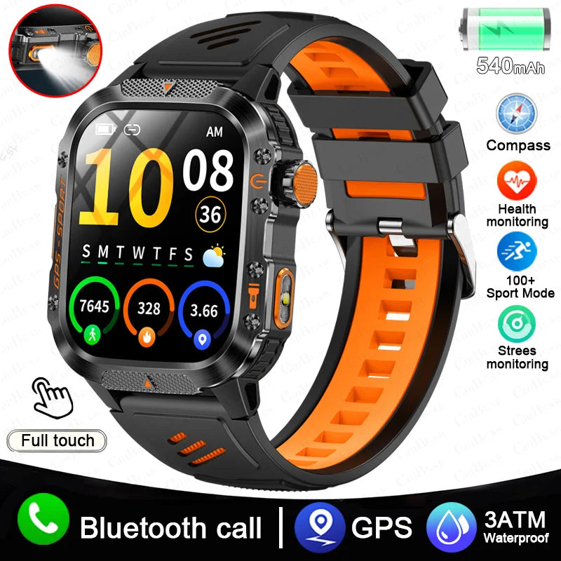 Military GPS Smartwatch Men | 2.01" AMOLED Flashlight Bluetooth 3ATM Waterproof