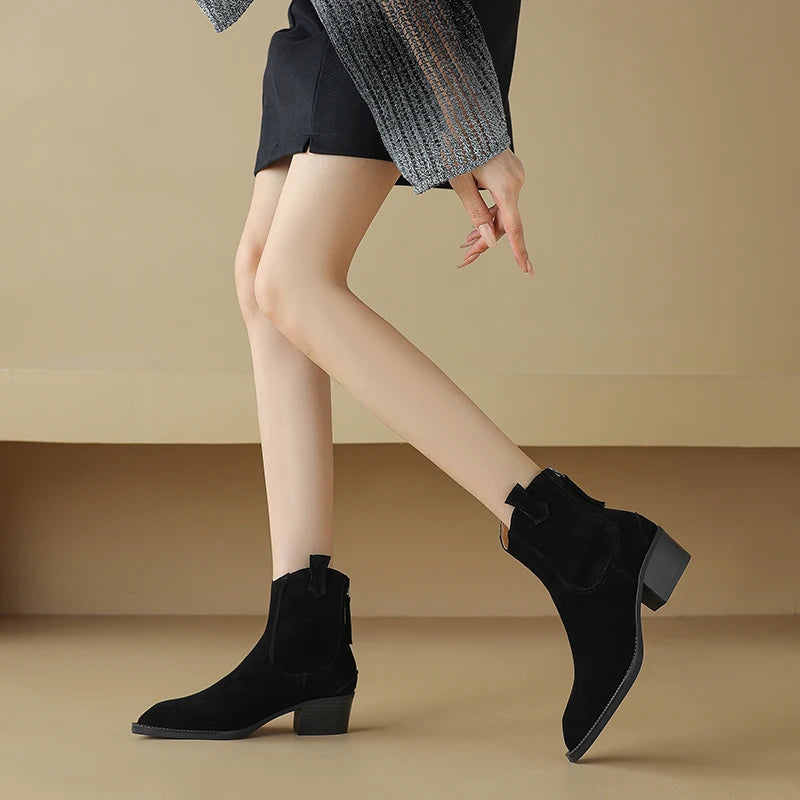 New 2025 Trend Autumn Cow Suede Women Western Boots Black Brown Khaki Chocolate Green Burgundy Pointed Toe Ladies Ankle Boots