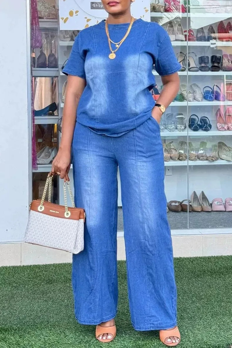 Women's Denim 2-Piece Set | Wide Leg Pants & Short Sleeve Top Streetwear | HotTrendyPicks
