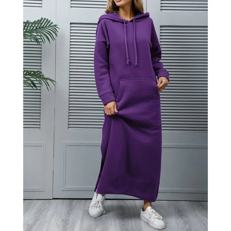 Women's Hoodie Midi Dress | Lace-Up Hem Casual Sweatshirt Long Dress | HotTrendyPicks