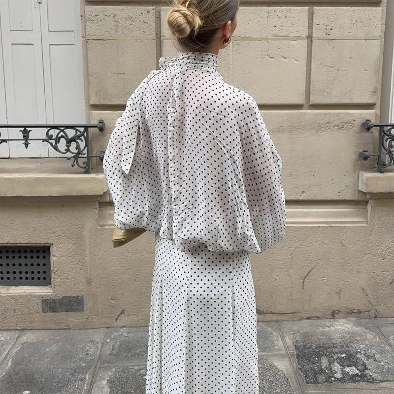Polka Dot Skirt 2 Piece Set Women Casual High Collar Tie Full Sleeves Elastic High Waist Long Skirt Suit Lady Daily Outfit New