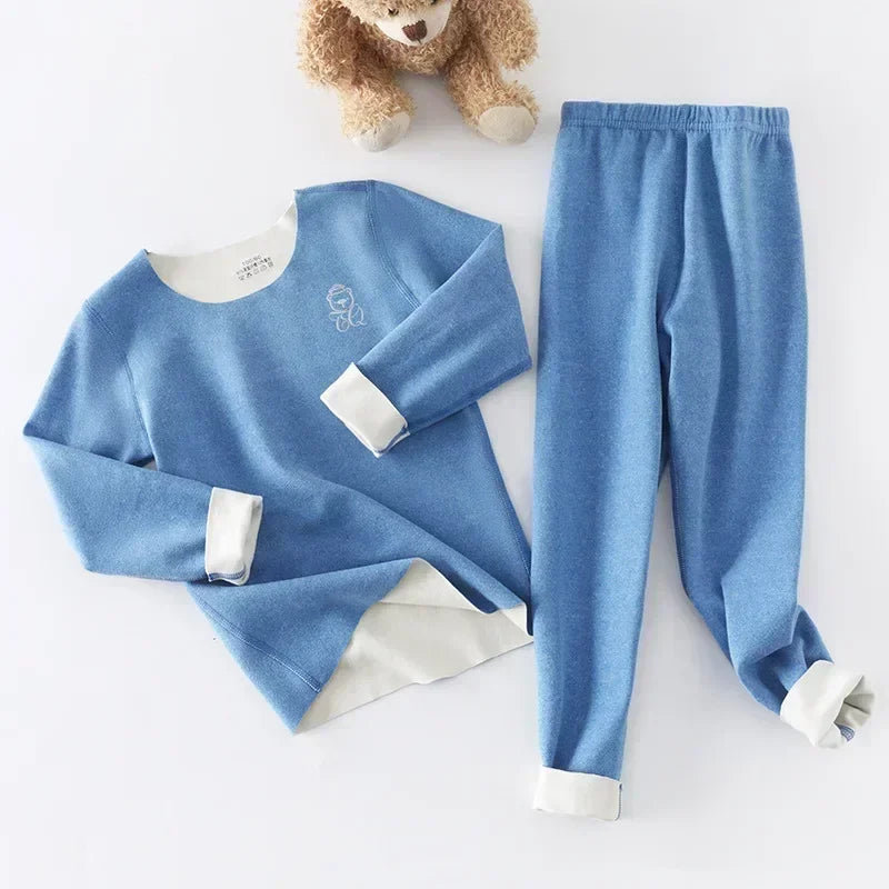 Boys Thermal Fleece Thermal Underwear 37°C Constant Temperature Warm Two-Piece Winter Pajamas Set Unisex Kids Long Johns for Ages 7-13