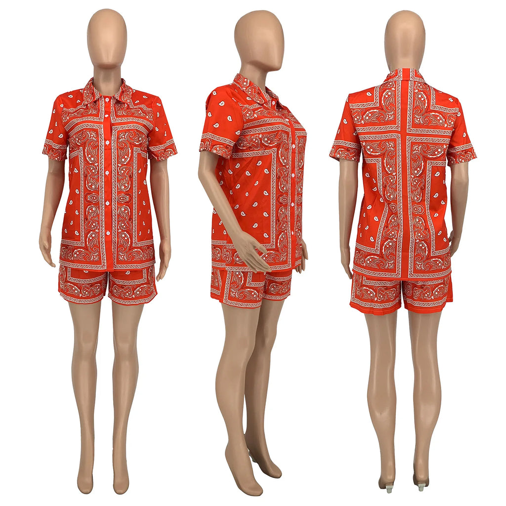 Fashion Paisley Bandana Print 2 Two Piece Sets Women Tracksuit Short Sleeve Shirt + Shorts Sets Female Outfits Matching