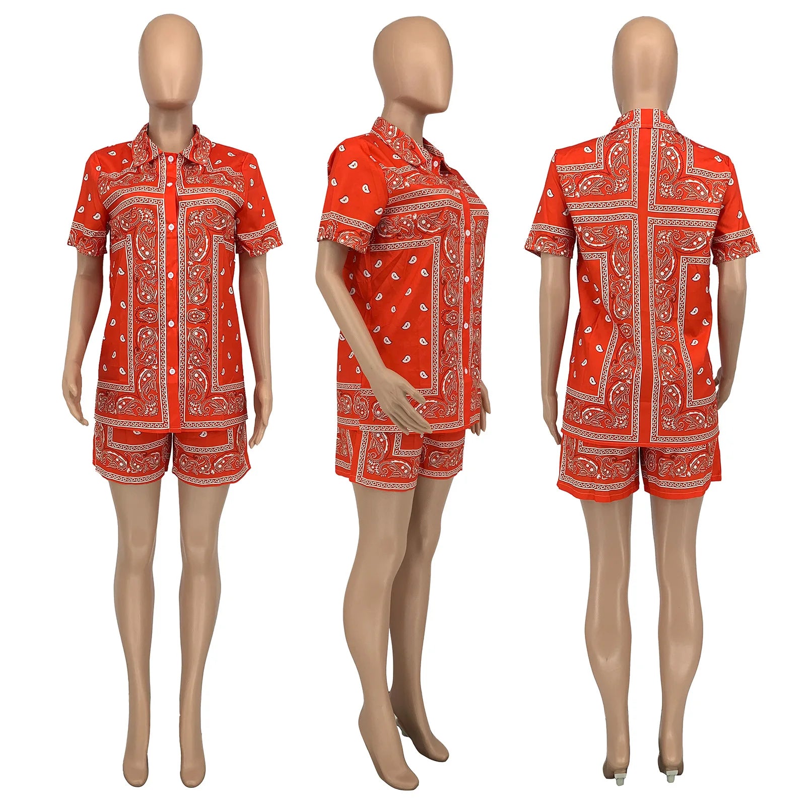 Fashion Paisley Bandana Print 2 Two Piece Sets Women Tracksuit Short Sleeve Shirt + Shorts Sets Female Outfits Matching