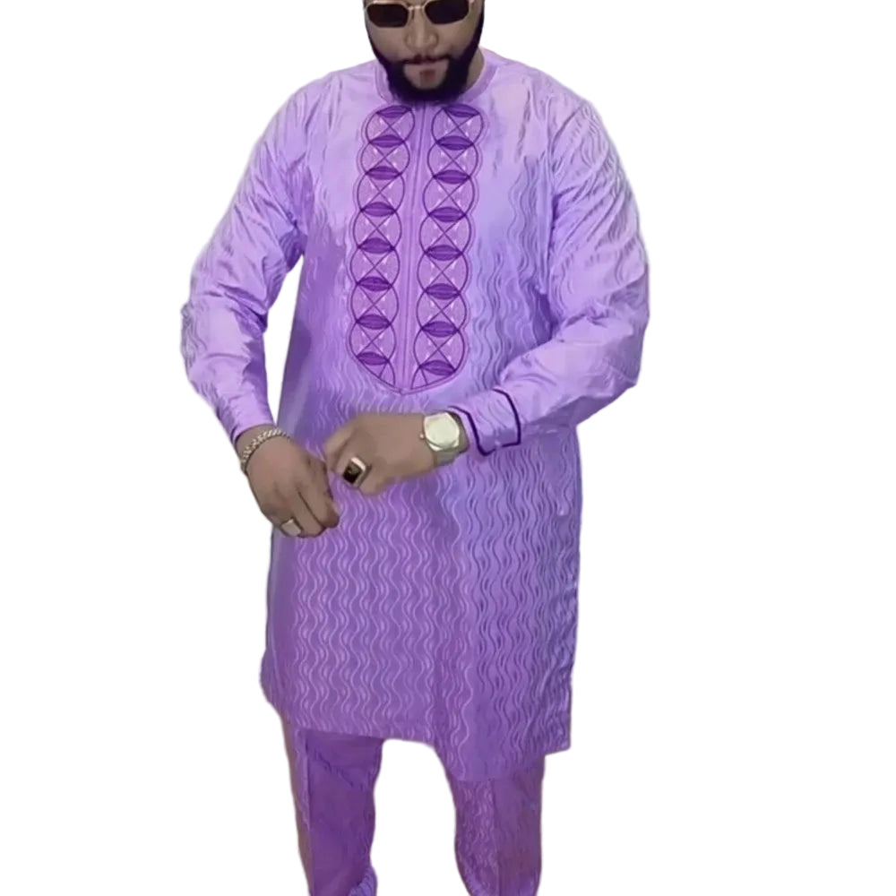 Men's African Agbada 2-Piece Set | Purple Bazin Riche Embroidery Suit | Wedding & Party