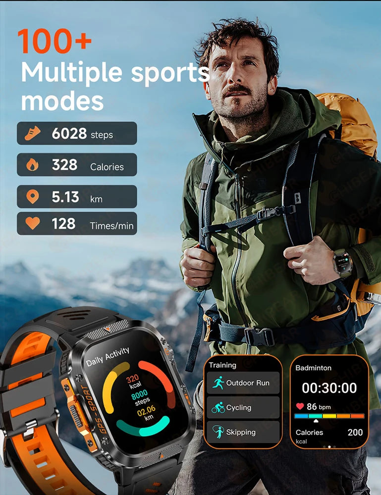 Military GPS Smartwatch Men | 2.01" AMOLED Flashlight Bluetooth 3ATM Waterproof