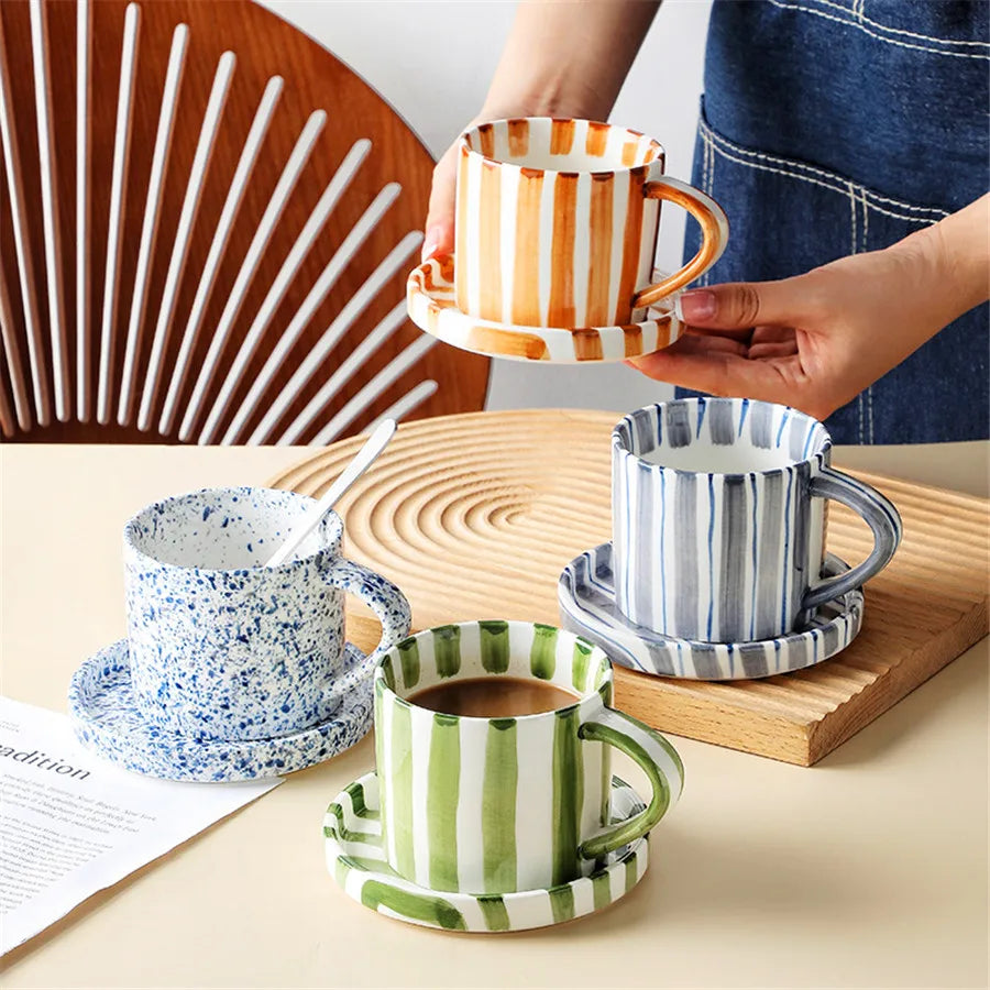 Minimalist Striped Ceramic Cup & Plate Set | 280ml Coffee Tea Cup |