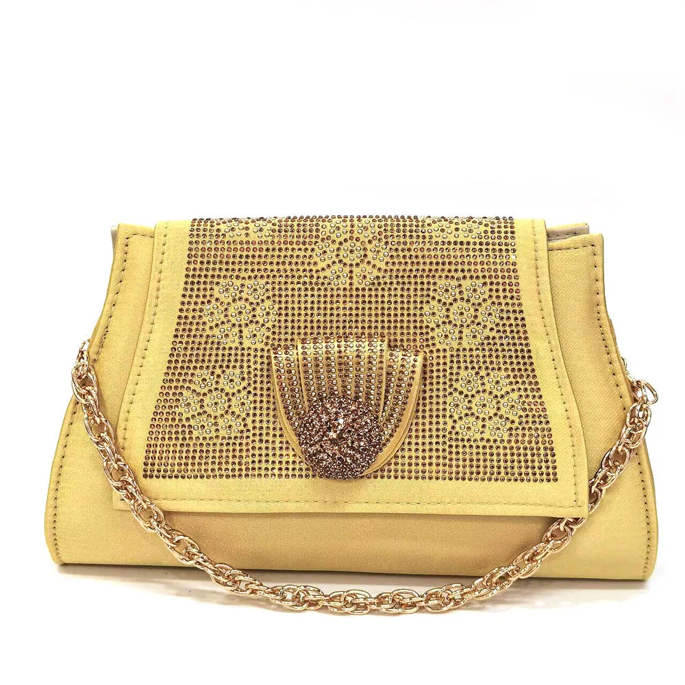 Italian Design Girly Style Golden Color Wedding Shoes And Bag Full Diamond Decoration Metal Closure Bags