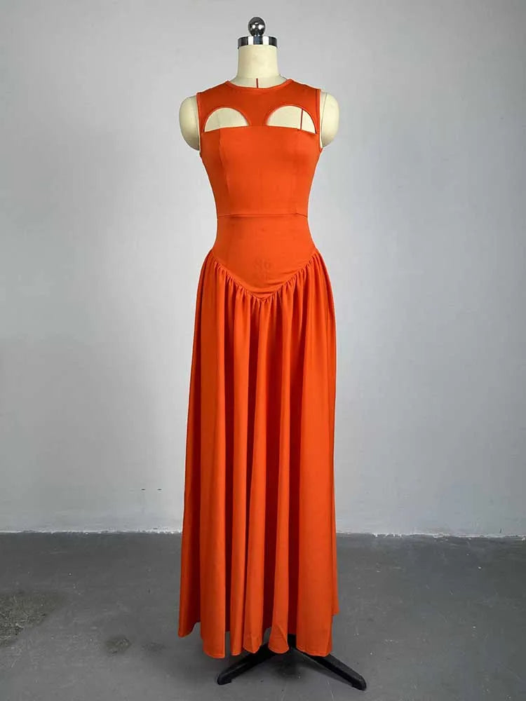 Women's Hollow Out Knitted Maxi Beautiful Orange Elegant Party Dress
