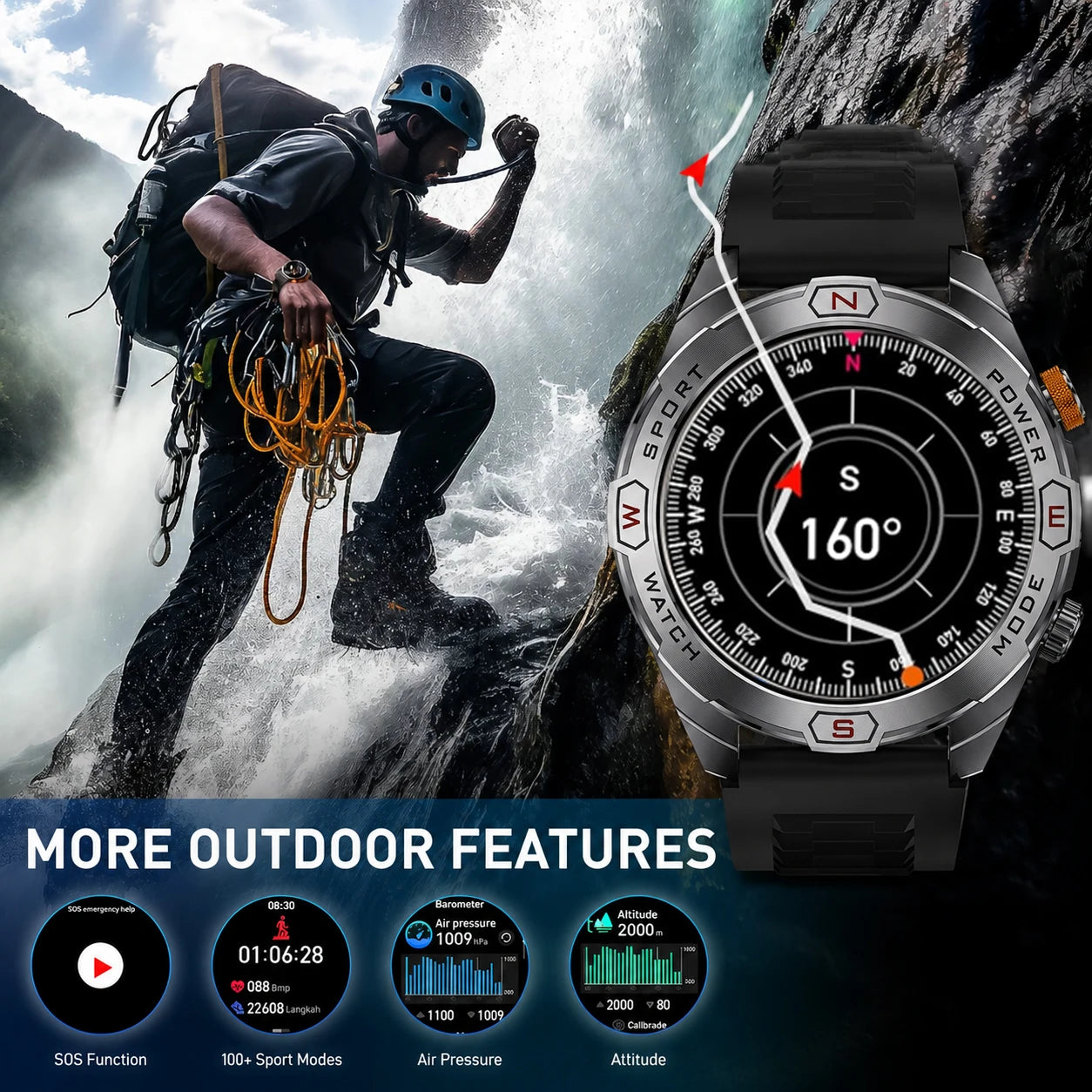 Military Grade 1200 mAh Battery Smart Watch Men LED Flashlight Outdoor Sports Fitness Tracker Compass Bluetooth Call Smartwatch