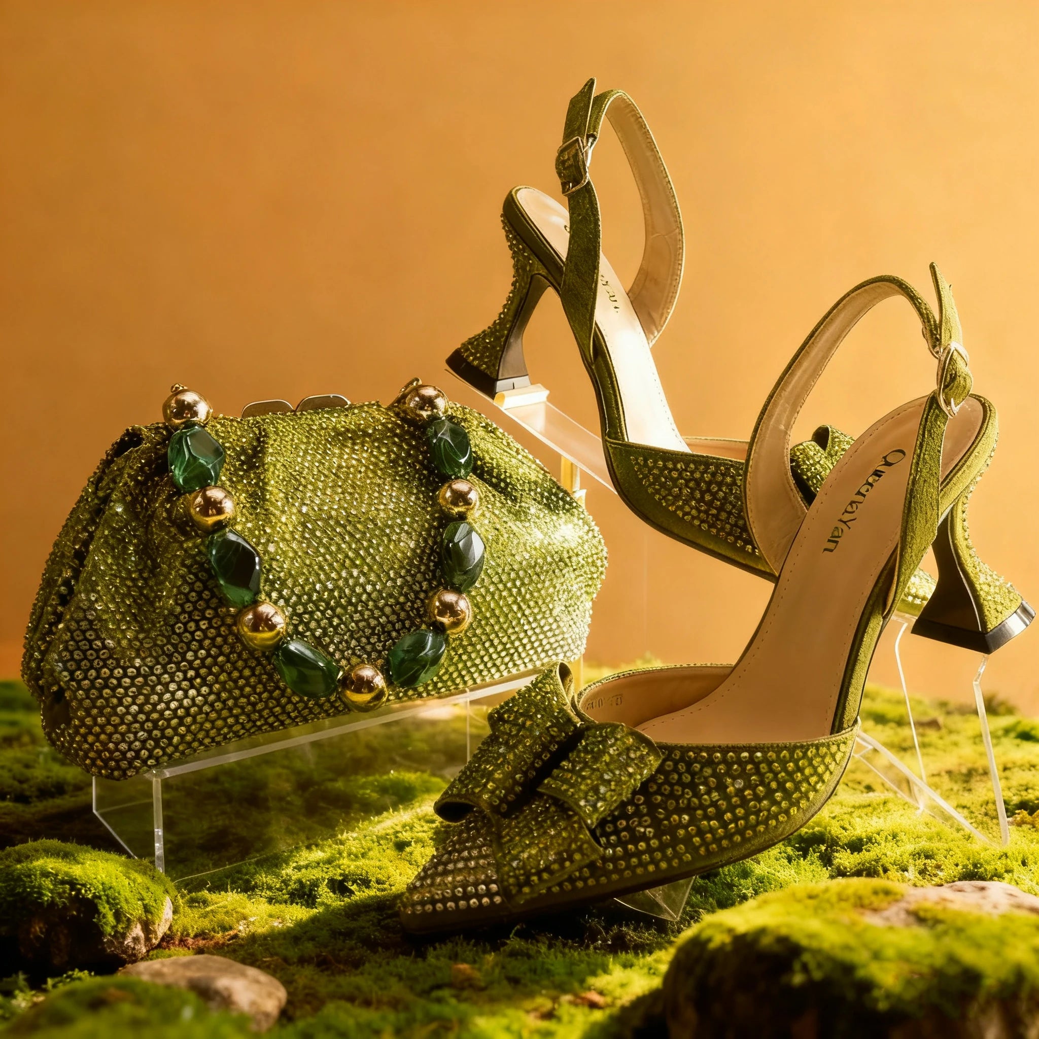 Shiny Italian Fashion Pointed Toe Women High Heel Shoes Mixed Color Effect Rhinestone Decoration Shoes And Bag Set