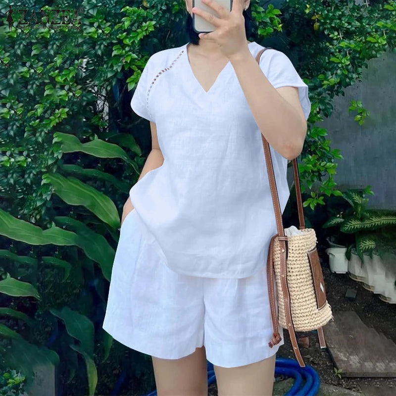 Women's Summer Lace Short Sets | V-Neck T-Shirt & Shorts 2-Piece Suit | HotTrendyPicks
