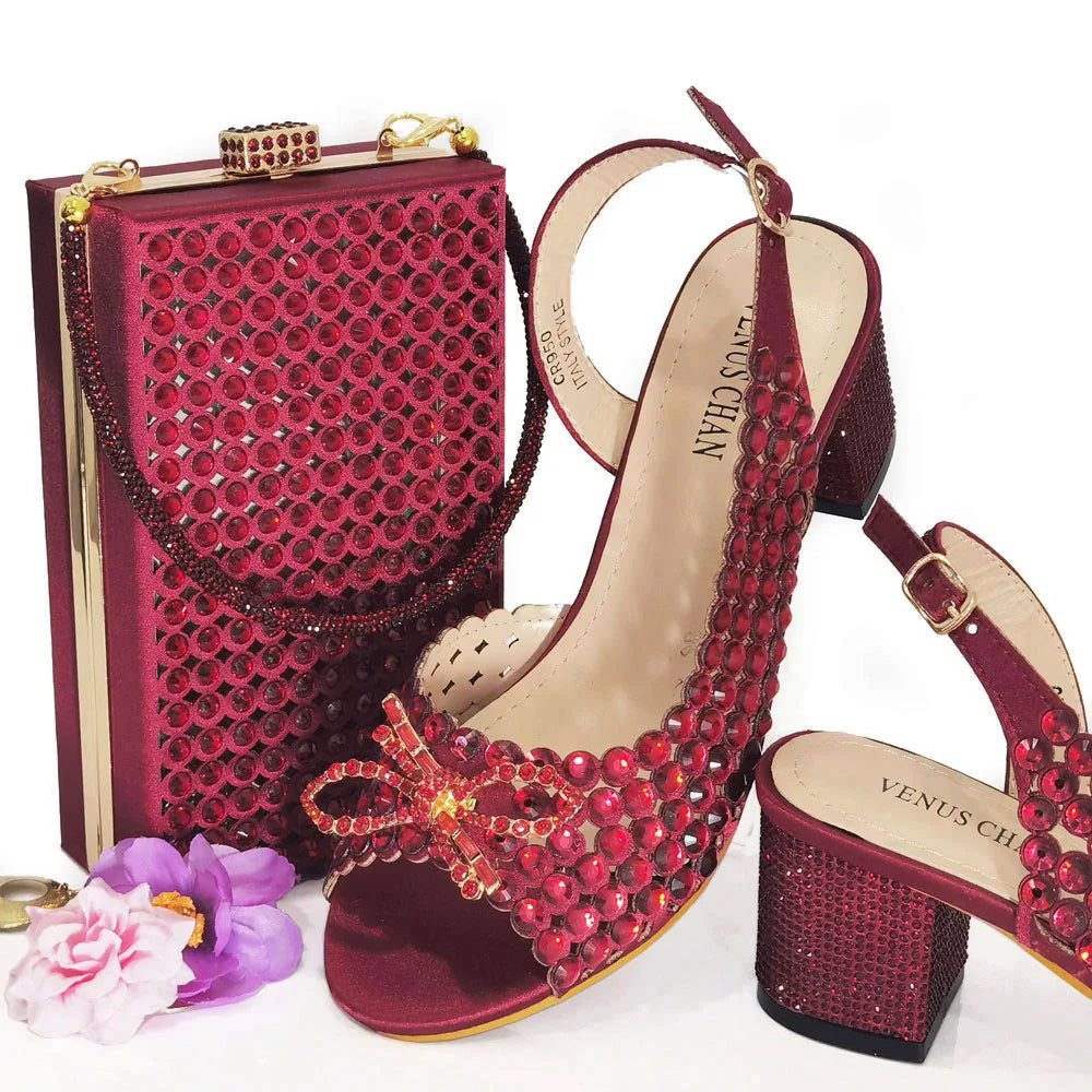 Italian Design Full Drill Elegant Wine Evening High Heels Wedding Party Shoes Matching Clutch Handbag