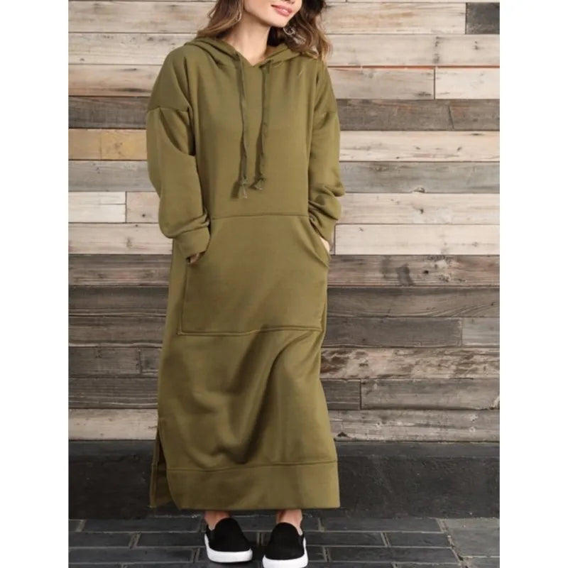 Women's Hoodie Midi Dress | Lace-Up Hem Casual Sweatshirt Long Dress | HotTrendyPicks