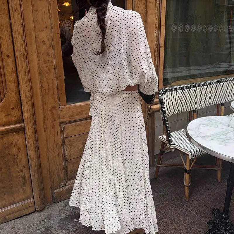 Polka Dot Skirt 2 Piece Set Women Casual High Collar Tie Full Sleeves Elastic High Waist Long Skirt Suit Lady Daily Outfit New
