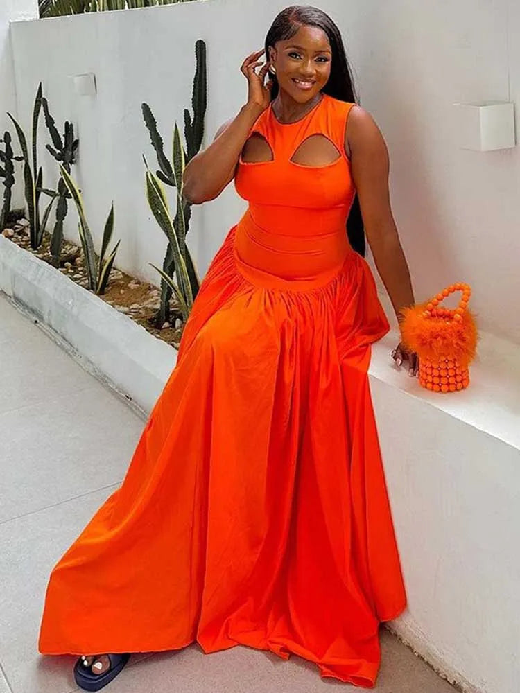 Women's Hollow Out Knitted Maxi Beautiful Orange Elegant Party Dress