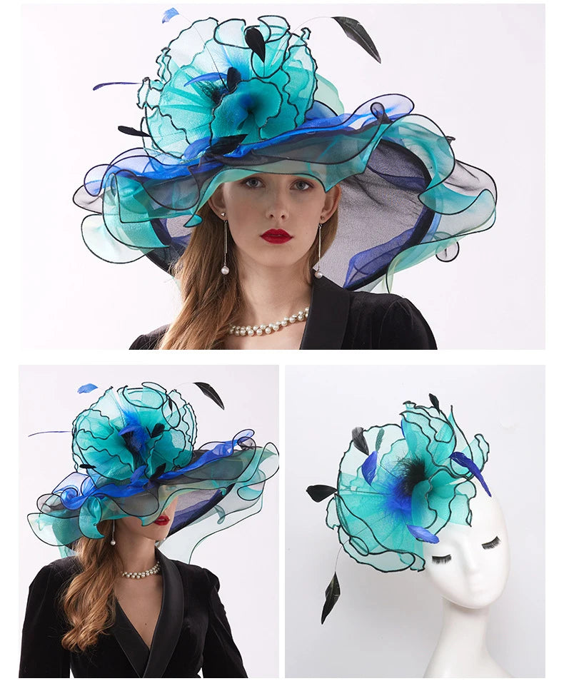 Women's Elegant Fascinators Large Wide Brim Church Hat With Big Flower