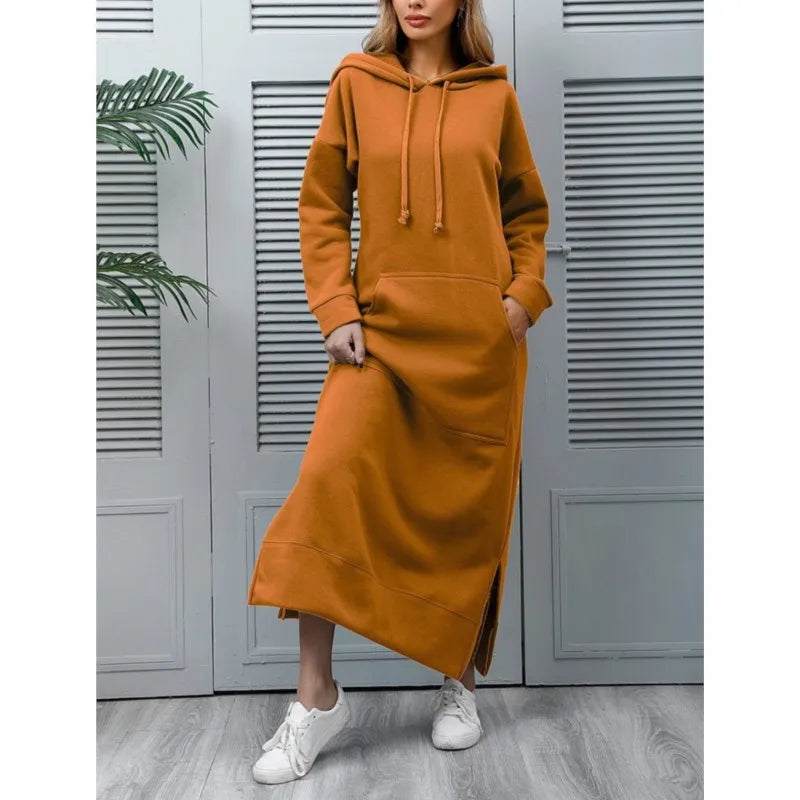 Women's Hoodie Midi Dress | Lace-Up Hem Casual Sweatshirt Long Dress | HotTrendyPicks