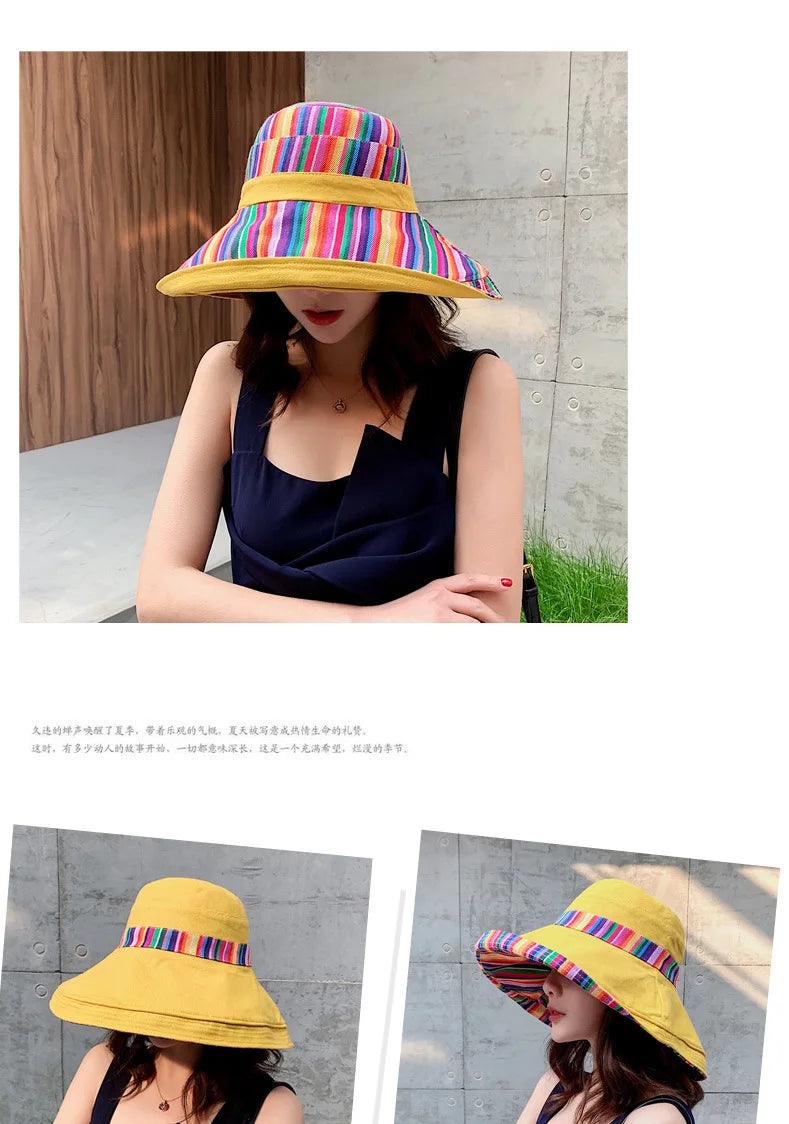 Hat Women's Summer Big Edge Double-Sided Sunshade Bucket Hat Korean Version Versatile Ethnic Style Travel Sun Protection Cap