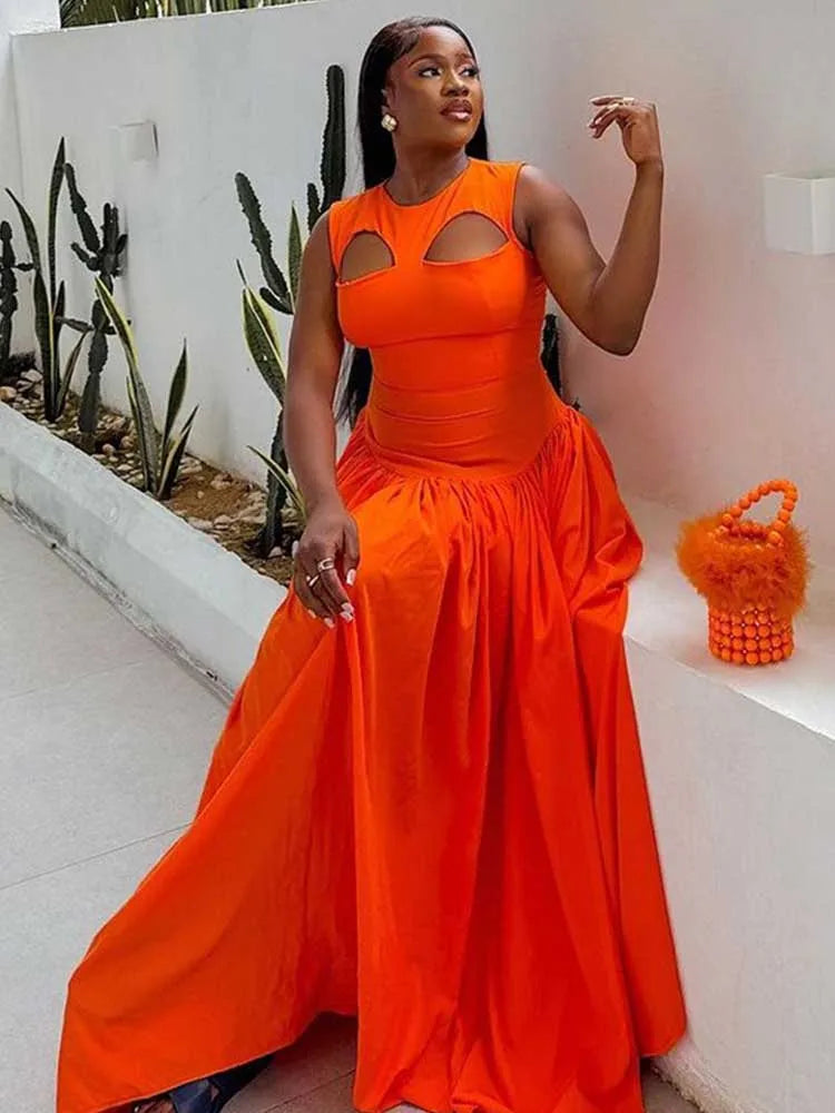Women's Hollow Out Knitted Maxi Beautiful Orange Elegant Party Dress